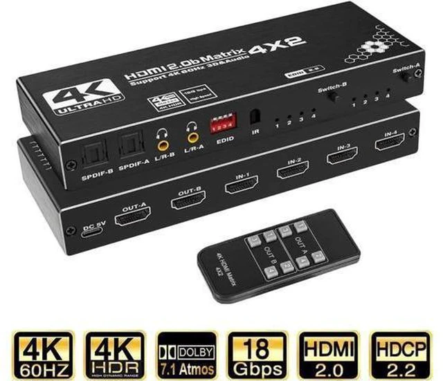 Alt view image 8 of 14 - HDMI Matrix 4x2, 4K@60Hz HDMI Matrix Switch 4 in 2 Out with EDID Extractor and IR Remote Control, Support HDMI 2.0b, HDCP2.2, HDR10, Ultra HD, 3D