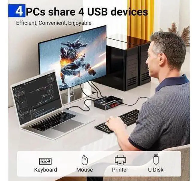 Alt view image 12 of 14 - 4 x4 USB 3.0 Switch 4 Computers, 4 Port USB Switch Selector Sharing 4 USB Devices,Keyboard Mouse Switch,USB Switcher Compatible with Mac/Windows/Linux,Wired Remote and 4 USB 3.0 Cable Included