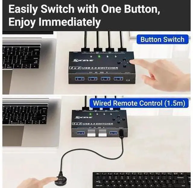 Alt view image 14 of 14 - 4 x4 USB 3.0 Switch 4 Computers, 4 Port USB Switch Selector Sharing 4 USB Devices,Keyboard Mouse Switch,USB Switcher Compatible with Mac/Windows/Linux,Wired Remote and 4 USB 3.0 Cable Included