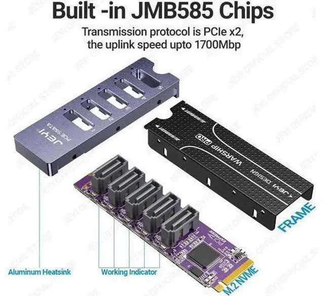 Alt view image 8 of 12 - NVMe M.2 to 5 Sata Adapter, Internal 5 Port Non-RAID SATA III 6GB/s NVMe Adapter Card for Desktop PC Support SSD and HDD