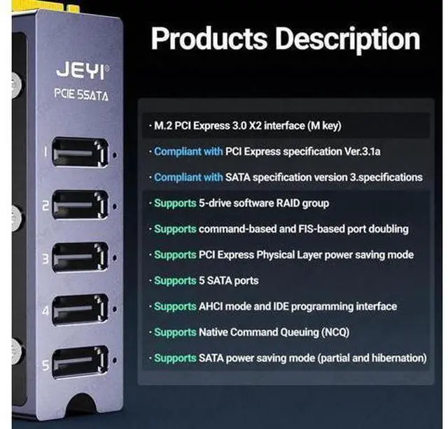 Alt view image 11 of 12 - NVMe M.2 to 5 Sata Adapter, Internal 5 Port Non-RAID SATA III 6GB/s NVMe Adapter Card for Desktop PC Support SSD and HDD