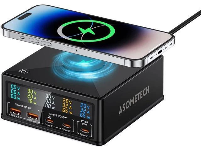 Alt view image 8 of 14 - USB Charging Station,ASOMETECH 160W 5-Port USB C Charging Station with 65W PD USB-C Port,QC3.0 Port,Wireless Charger,LCD Display Multi Port Fast USB Charging Hub for MacBook,Laptop,iPad,iPhone,Samsung
