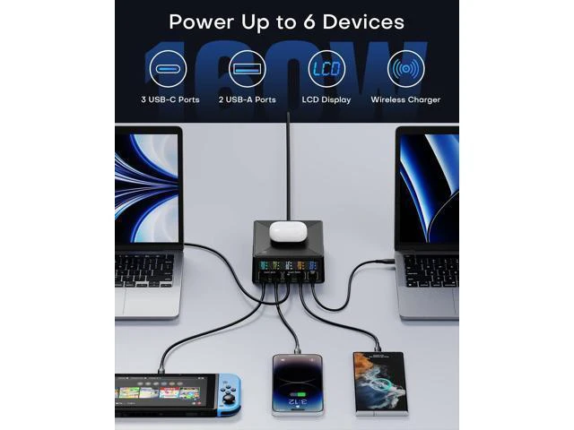 Alt view image 10 of 14 - USB Charging Station,ASOMETECH 160W 5-Port USB C Charging Station with 65W PD USB-C Port,QC3.0 Port,Wireless Charger,LCD Display Multi Port Fast USB Charging Hub for MacBook,Laptop,iPad,iPhone,Samsung