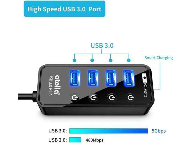 Alt view image 10 of 14 - atolla 4-Port USB 3.0 Hub with 4 USB 3.0 Data Ports and 1 USB Smart Charging Port, USB Splitter with Individual On/Off Switches and 5V/3A Power Adapter