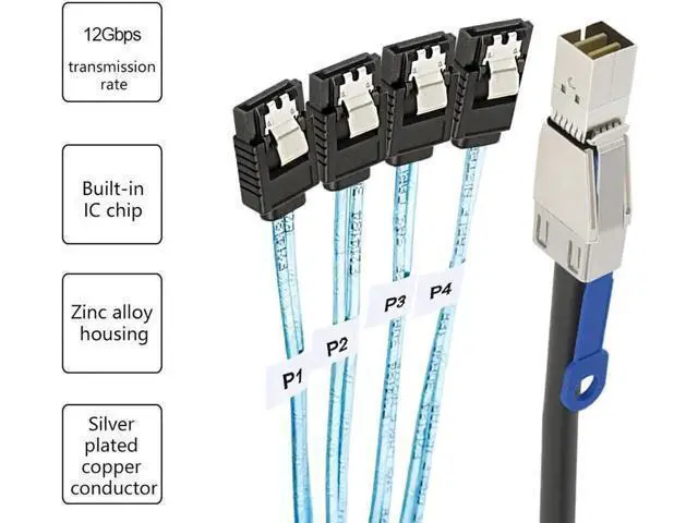 Alt view image 12 of 14 - Mini SAS HD SFF 8644 To SATA Cable 180 degree 4 port 7Pin, Mini SAS HD SFF-8644 to 4 SATA 7pin 12GB for Hard Disk Data Server