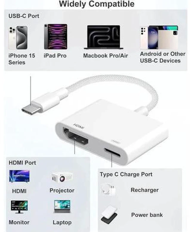 Alt view image 10 of 14 - USB C to HDMI Adapter for iPhone 16 15 to TV 4K Sync Screen Connector Cable Type C Digital AV Adapter for TV/Projector/Monitor No Power Needed