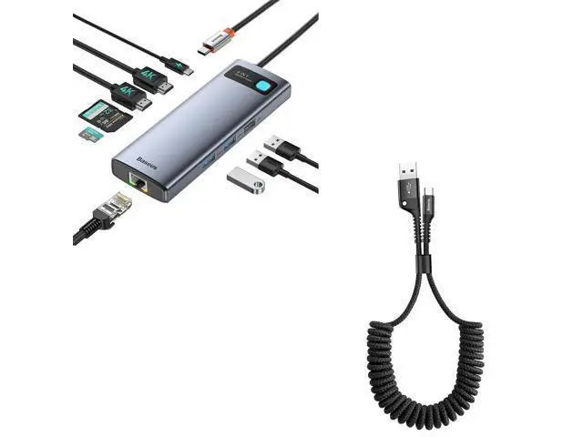 Alt view image 6 of 10 - Baseus 9 in 1 Laptop Docking Station and Baseus USB Type C Cable for Car, Retractable Cable(3FT) Curly USB A to USB-C Fast Charger Cord