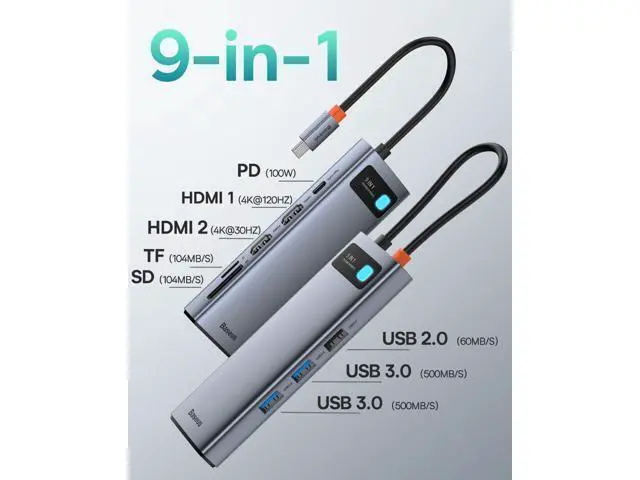 Alt view image 7 of 10 - Baseus 9 in 1 Laptop Docking Station and Baseus USB Type C Cable for Car, Retractable Cable(3FT) Curly USB A to USB-C Fast Charger Cord