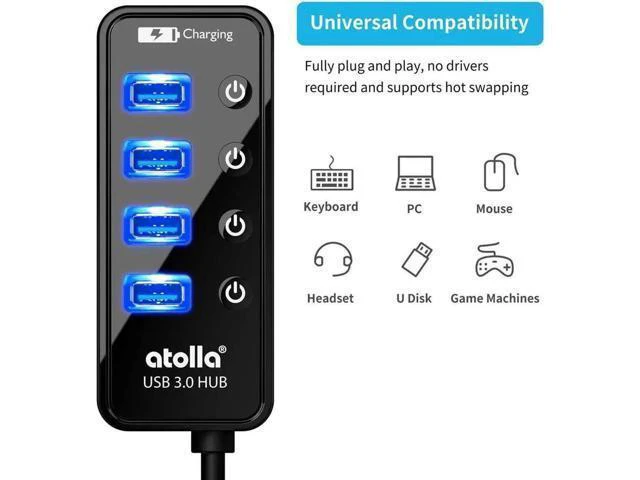 Alt view image 12 of 14 - atolla 4-Port USB 3.0 Hub with 4 USB 3.0 Data Ports and 1 USB Smart Charging Port, USB Splitter with Individual On/Off Switches and 5V/3A Power Adapter