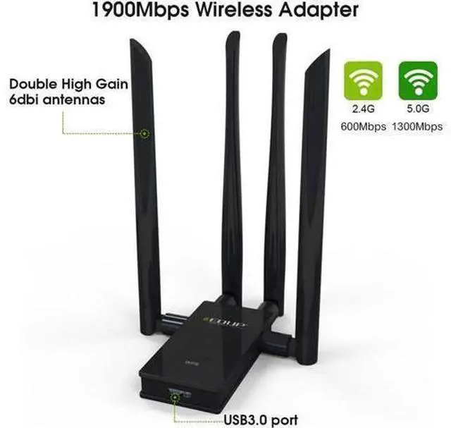 Alt view image 10 of 14 - 5GHz USB WIFI Adapter 1900mbps 802.11ac Long Distance WiFi Receiver with 4*6dBi Antennas USB 3.0 Wireless Ethernet Adapter