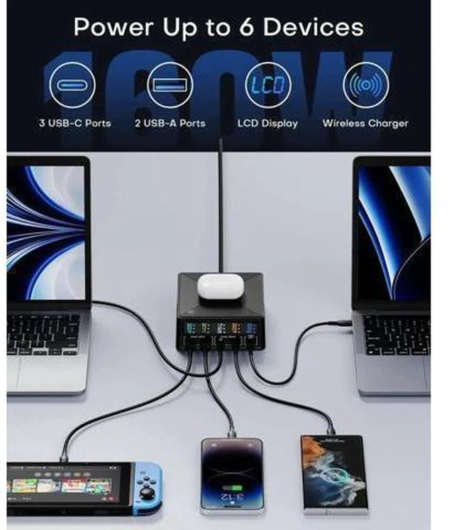 Alt view image 12 of 14 - USB Charging Station, 160W 5-Port USB C Charging Station with 65W PD USB-C Port, QC3.0 Port,Wireless Charger, LCD Display Multi Port Fast USB Charging Hub for Laptop,i-Pad, Smartphones, Tablet..