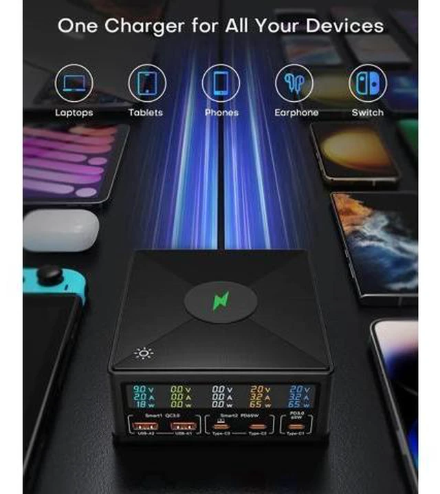 Alt view image 14 of 14 - USB Charging Station, 160W 5-Port USB C Charging Station with 65W PD USB-C Port, QC3.0 Port,Wireless Charger, LCD Display Multi Port Fast USB Charging Hub for Laptop,i-Pad, Smartphones, Tablet..