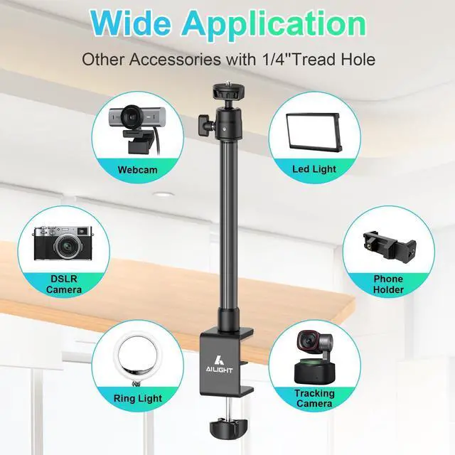 Alt view image 12 of 12 - Adjustable Desk Camera Mount & Webcam Stand 10.8"-31.1" | 1/4" Screw, C-Clamp Base, Overhead Tripod, Compatible with DSLR Logitech Obsbot insta360 Anker and Others