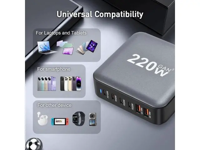 Alt view image 8 of 12 - USB Charging Station for Multiple Devices, 220W 6-Port USB Charging Hub with 4 PD USB-C, 2 QC USB-A, Max 100W Output Fast Charging Station for i-Phone, Android Cellphones, Switch, Tablet etc..