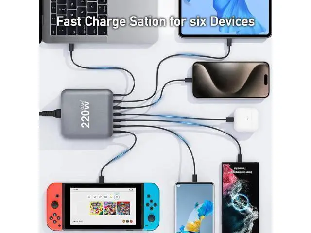 Alt view image 10 of 12 - USB Charging Station for Multiple Devices, 220W 6-Port USB Charging Hub with 4 PD USB-C, 2 QC USB-A, Max 100W Output Fast Charging Station for i-Phone, Android Cellphones, Switch, Tablet etc..