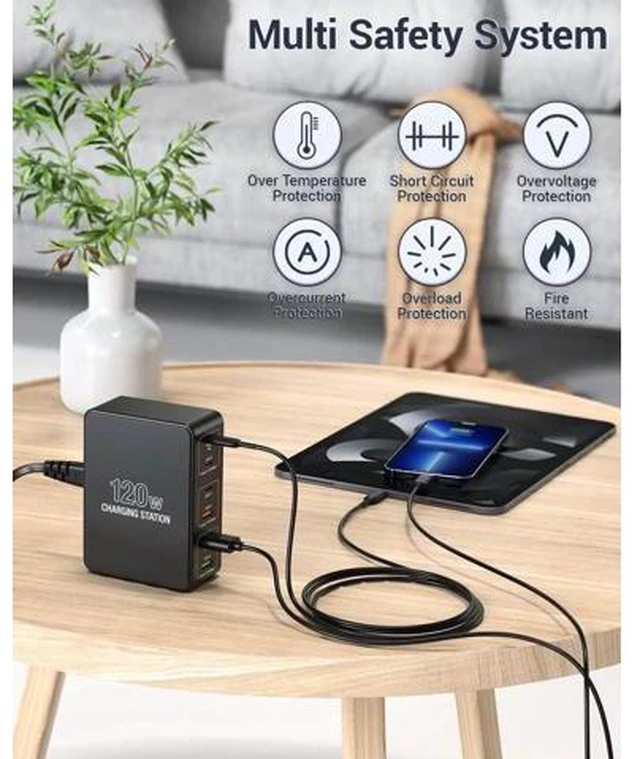 Alt view image 9 of 14 - 120W USB C Charging Station, Multiport USB Charging Station, Multi USB Charger Station, 6 Ports USB Charging Station for Multiple Devices, USB Charging Hub Compatible with MacBook, Laptop, Smartphones