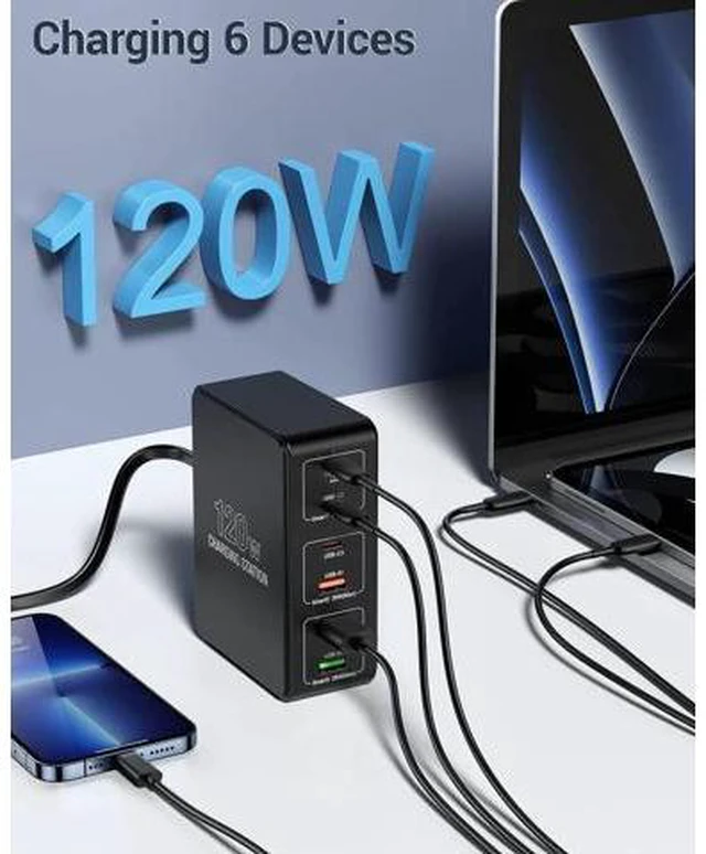 Alt view image 11 of 14 - 120W USB C Charging Station, Multiport USB Charging Station, Multi USB Charger Station, 6 Ports USB Charging Station for Multiple Devices, USB Charging Hub Compatible with MacBook, Laptop, Smartphones