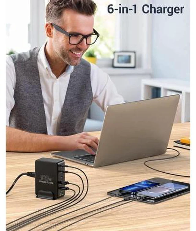 Alt view image 10 of 14 - 120W USB C Charging Station, Multiport USB Charging Station, Multi USB Charger Station, 6 Ports USB Charging Station for Multiple Devices, USB Charging Hub Compatible with MacBook, Laptop, Smartphones