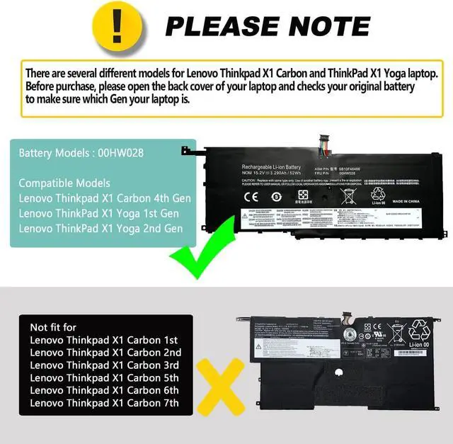 Alt view image 10 of 14 - 00HW028 01AV458 01AV439 SB10F46466 Battery for Lenovo Thinkpad x1 Yoga gen Carbon 4th Gen 4 2016 ThinkPad X1 Yoga Gen1/Gen2 Series 01AV409 01AV457 SB10F46467 01AV438