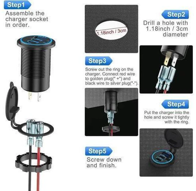 Alt view image 10 of 14 - 2 PACK 12V USB Outlet Wired USB Charger Multi Port Dual PD3.0 USB-C and Quick Charge 3.0 Car USB Port Socket with Power Switch Fast Charger for Cell Phone Tablet Suitable for Car Boat RV Marine ATV