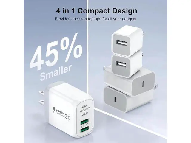 Alt view image 13 of 14 - 3 Pack USB Wall Charger Block, Fast USB C Charger Block 4 Port USB PD Power Adapter, QC Wall Plug Multiport Type C Charging Cube for i-Phone 15/14/13/12/11,L-G,Nexus,H-T-C,Go-o-gle Pixel, and More
