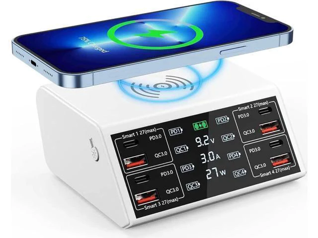 Alt view image 8 of 14 - 100W 8-Port Type C PD & USB Charging Station for Multiple Devices with 4 USB QC 3.0 + 4 USB C PD Ports, Wireless Charger, Multi Port USB PD Fast Charging Hub for i-Phone, Android Cellphones..