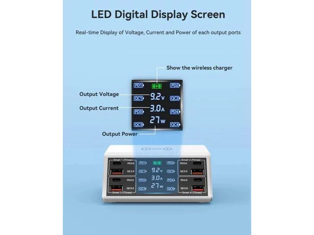 Alt view image 10 of 14 - 100W 8-Port Type C PD & USB Charging Station for Multiple Devices with 4 USB QC 3.0 + 4 USB C PD Ports, Wireless Charger, Multi Port USB PD Fast Charging Hub for i-Phone, Android Cellphones..