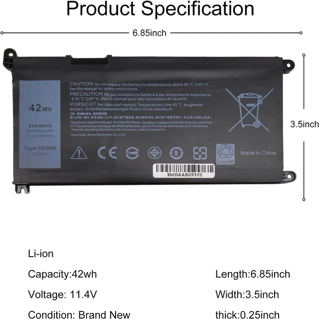 Alt view image 9 of 14 - YRDD6 Laptop Battery 42Wh for Dell Inspiron 5591 7586 5481 5482 5485 3310 2-in-1-1 15 3582 3583 5590 5593 5594 5598 14 3493 5493 3793 Vostro 3491 5481 5581 5490 5590 0YRDD6 01VX1H 1VX1H 0VM732