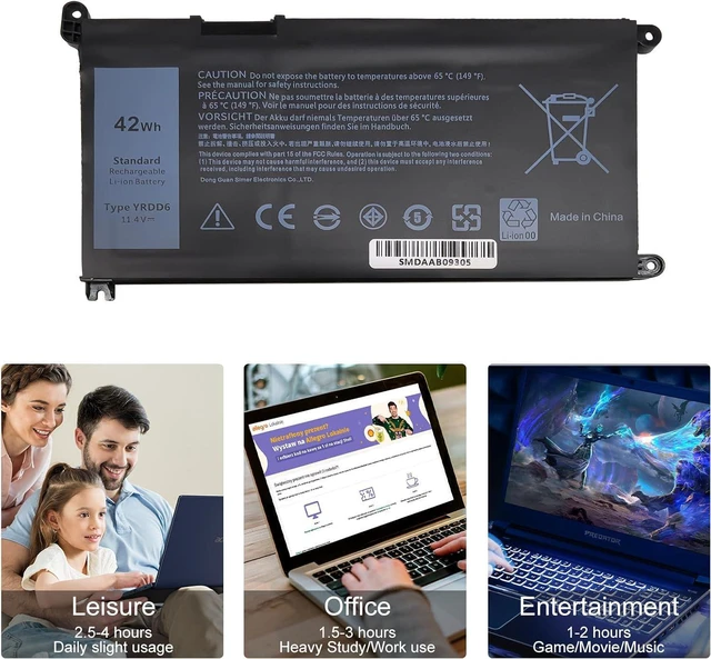 Alt view image 12 of 14 - YRDD6 Laptop Battery 42Wh for Dell Inspiron 5591 7586 5481 5482 5485 3310 2-in-1-1 15 3582 3583 5590 5593 5594 5598 14 3493 5493 3793 Vostro 3491 5481 5581 5490 5590 0YRDD6 01VX1H 1VX1H 0VM732