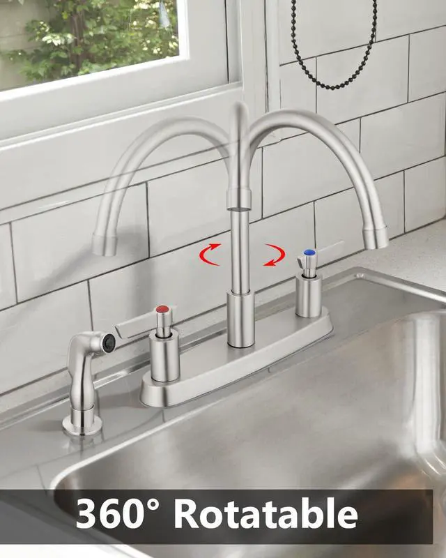Alt view image 12 of 14 - Kitchen Faucet with Side Sprayer, 8 Inch Centerset 4-Hole Nickel | Lead-Free 4-Hole High Arc Kitchen Sink Faucet, 1.8 GPM, 360° Spout