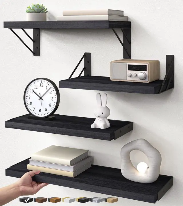 Alt view image 8 of 14 - Wall Mounted Floating Bathroom Shelves, Wood Wall Shelf for Bathroom Essentials & Decor, Space-Saving Display & Organizer (Black, Set of 4)