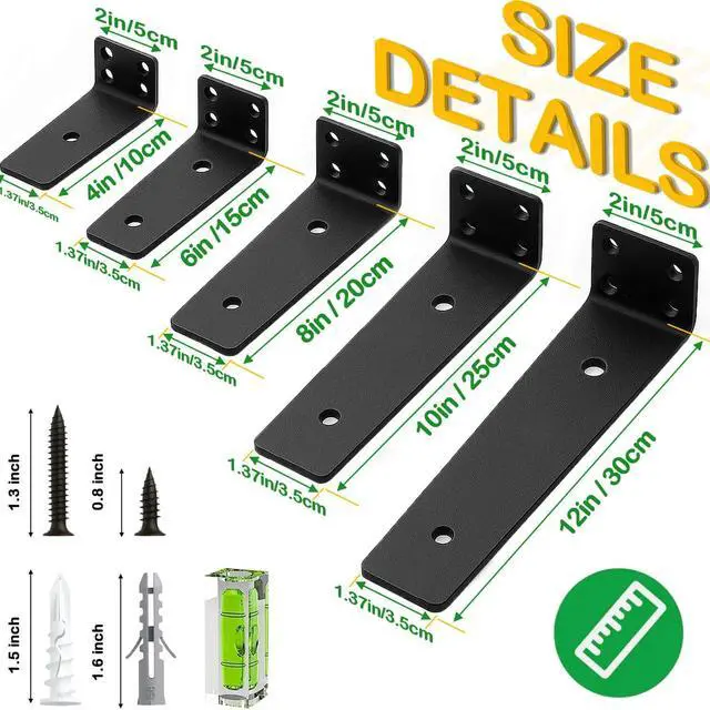 Alt view image 14 of 14 - Floating Shelf Bracket 6 Inch of 6 Pack Heavy Duty Shelf Brackets Black Coated Metal L Bracket Wall Shelf Support DIY Brackets with 1/5 Inch Thick and 160 LBS Load Capacity