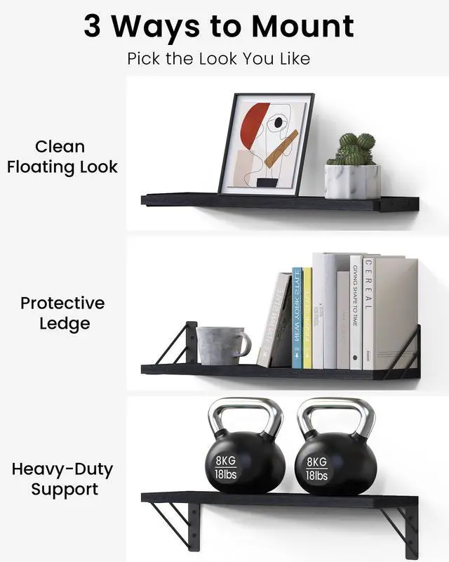 Alt view image 12 of 14 - Wall Mounted Floating Bathroom Shelves, Wood Wall Shelf for Bathroom Essentials & Decor, Space-Saving Display & Organizer (Black, Set of 4)
