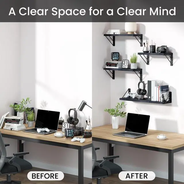 Alt view image 14 of 14 - Wall Mounted Floating Bathroom Shelves, Wood Wall Shelf for Bathroom Essentials & Decor, Space-Saving Display & Organizer (Black, Set of 4)