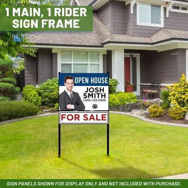 Alt view image 12 of 14 - Real Estate Yard Sign Metal H-Frame, 30 x 24 Slide-in with Rider, Black (Pack of 1), C 230