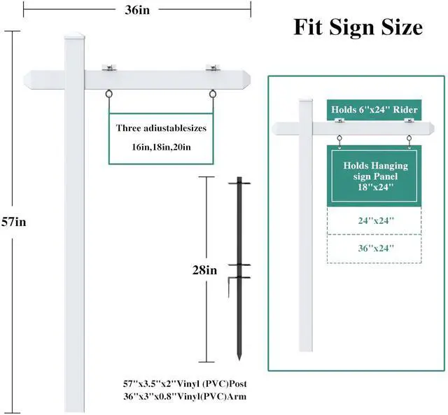 Alt view image 9 of 14 - 4.7ft Vinyl PVC Real Estate Sign Post, Realtor Yard Sign Post for Open House and Home for Sale, 36" Arm Holds Up to 24" Sign - White (No Sign)