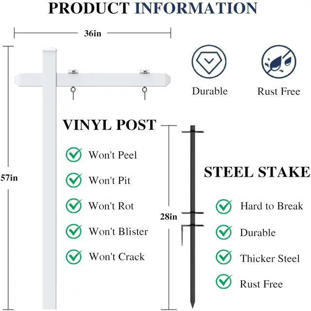 Alt view image 12 of 14 - 4.7ft Vinyl PVC Real Estate Sign Post, Realtor Yard Sign Post for Open House and Home for Sale, 36" Arm Holds Up to 24" Sign - White (No Sign)