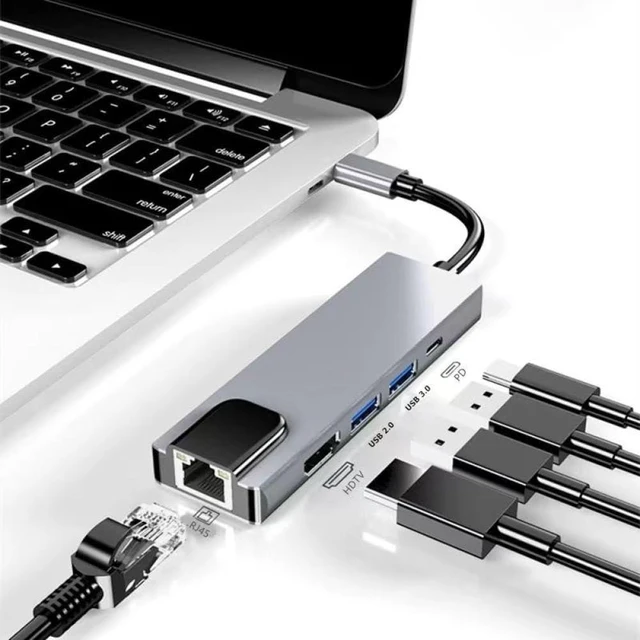 Alt view image 8 of 8 - Type-C to 5 Ports Docking Station HDMI 4K RJ45 100M Splitter USB 3.0 5Gbps Speed USB C 5 in 1 HUB Adapter Compatible with Laptop