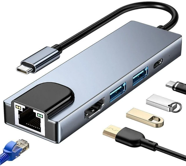Alt view image 6 of 8 - Type-C to 5 Ports Docking Station HDMI 4K RJ45 100M Splitter USB 3.0 5Gbps Speed USB C 5 in 1 HUB Adapter Compatible with Laptop