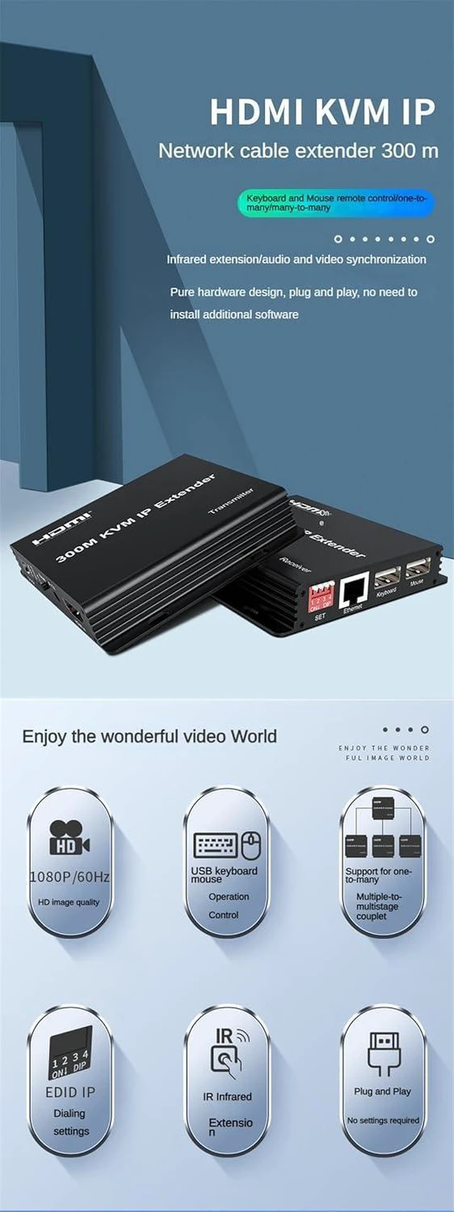Alt view image 9 of 14 - 300M KVM IP Extender, HDMI Extende Over IP Rj45 Cat6 Ethernet Cable 1080P HDMI KVM Extender Muitlpoint Connect Network Switch Support Mouse Keyboard for PC DVR TV (TX+RX)