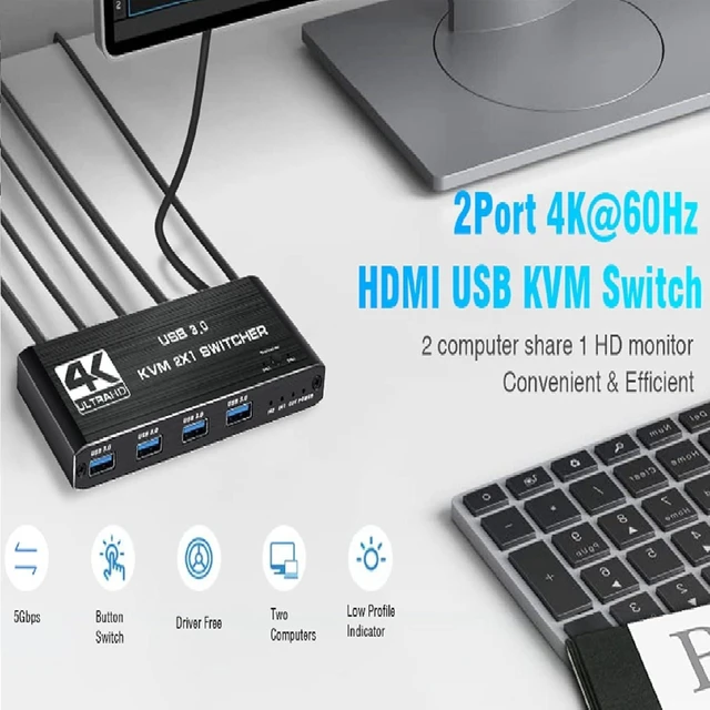 Alt view image 14 of 14 - ZEZEFUFU HD 2.0 KVM USB Switch, 4K 60Hz 2 in 1 Out USB 3.0 KVM Switcher for 2 Computers 1 Monitor Keyboard, Mouse