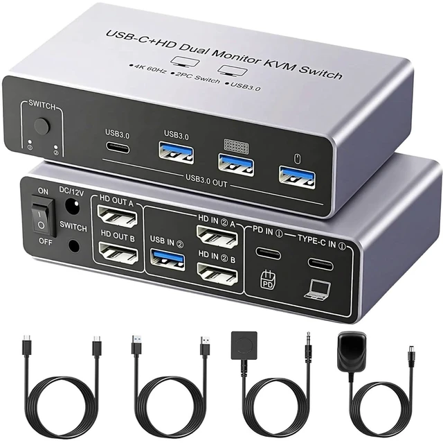 Alt view image 8 of 14 - USB C+HDMI KVM Switch 2 Monitors 2 Computers, 8K Aluminum KVM Switch Dual Monitor for 2 PCs, 3 USB 3.0+1 USB-C KVM Selector for Laptop & Desktop Share Keyboard Mouse, Button+Wired Remote Controller