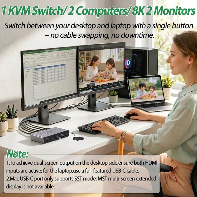 Alt view image 9 of 14 - USB C+HDMI KVM Switch 2 Monitors 2 Computers, 8K Aluminum KVM Switch Dual Monitor for 2 PCs, 3 USB 3.0+1 USB-C KVM Selector for Laptop & Desktop Share Keyboard Mouse, Button+Wired Remote Controller