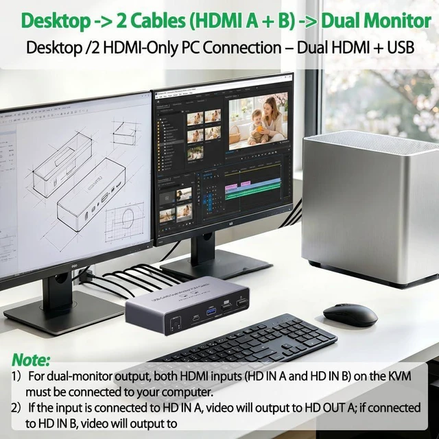 Alt view image 11 of 14 - USB C+HDMI KVM Switch 2 Monitors 2 Computers, 8K Aluminum KVM Switch Dual Monitor for 2 PCs, 3 USB 3.0+1 USB-C KVM Selector for Laptop & Desktop Share Keyboard Mouse, Button+Wired Remote Controller