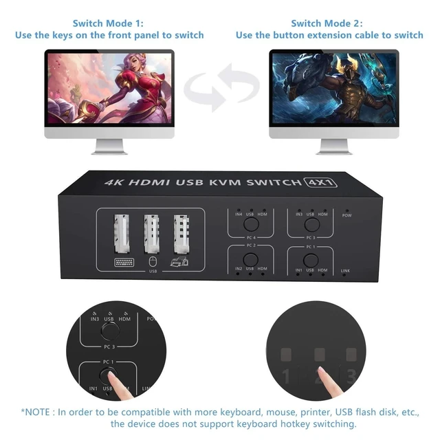 Alt view image 9 of 12 - 4 Ports HDMI KVM Switch 4K@30HZ/1080P@60HZ USB HDMI KVM Switcher 4 in 1 Out USB HDMI Share Monitor Mouse Keyboard Camera Printer W/Desktop Controller