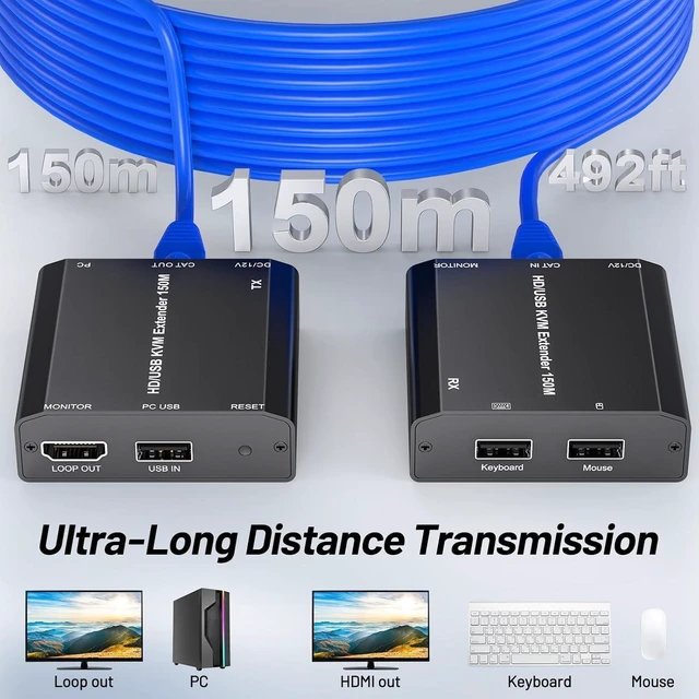 Alt view image 13 of 14 - 492Ft HDMI USB KVM Extender Over Ethernet CAT6/7/8 Upto 492Ft(150M), Lossless Latency, Plug and Play, 1080P@60Hz Loop Out, POE, Mouse and Keyboard Remote Control PC