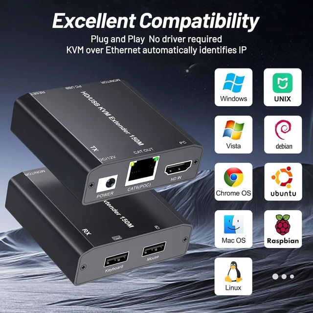 Alt view image 14 of 14 - 492Ft HDMI USB KVM Extender Over Ethernet CAT6/7/8 Upto 492Ft(150M), Lossless Latency, Plug and Play, 1080P@60Hz Loop Out, POE, Mouse and Keyboard Remote Control PC