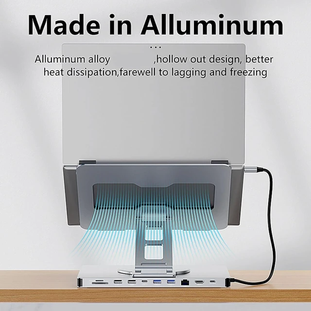 Alt view image 11 of 14 - 10 Port Laptop Docking Station with 360 Degree Rotate Base and Comprehensive Device Protections Aluminum Alloy