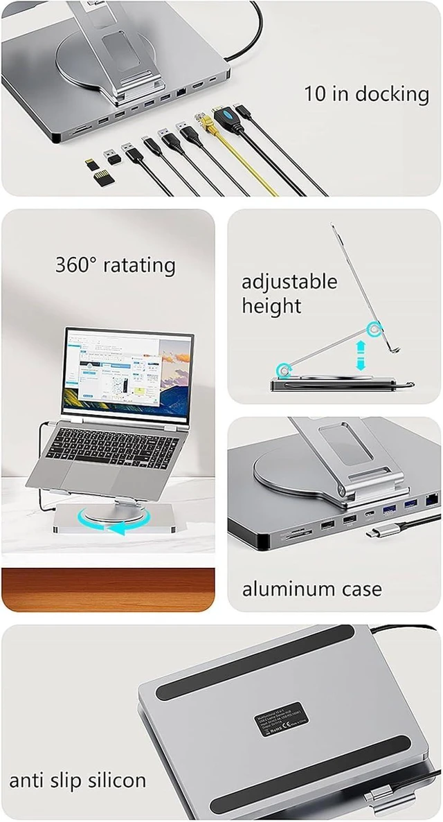 Alt view image 14 of 14 - 10 Port Laptop Docking Station with 360 Degree Rotate Base and Comprehensive Device Protections Aluminum Alloy