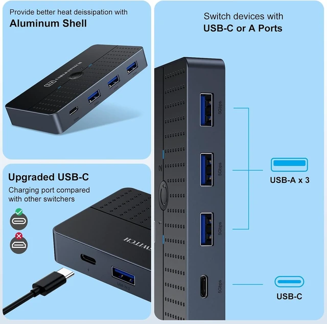 Alt view image 12 of 14 - USB 3.0 Switch Hub, High Speed 2 Computer 4-Port USB C & A Sharing Switch, USB Switcher for PC/Scanner/Printer 5Gbps Data Transfer, KVM Switch Selector Compatible with Windows, Mac, Linux